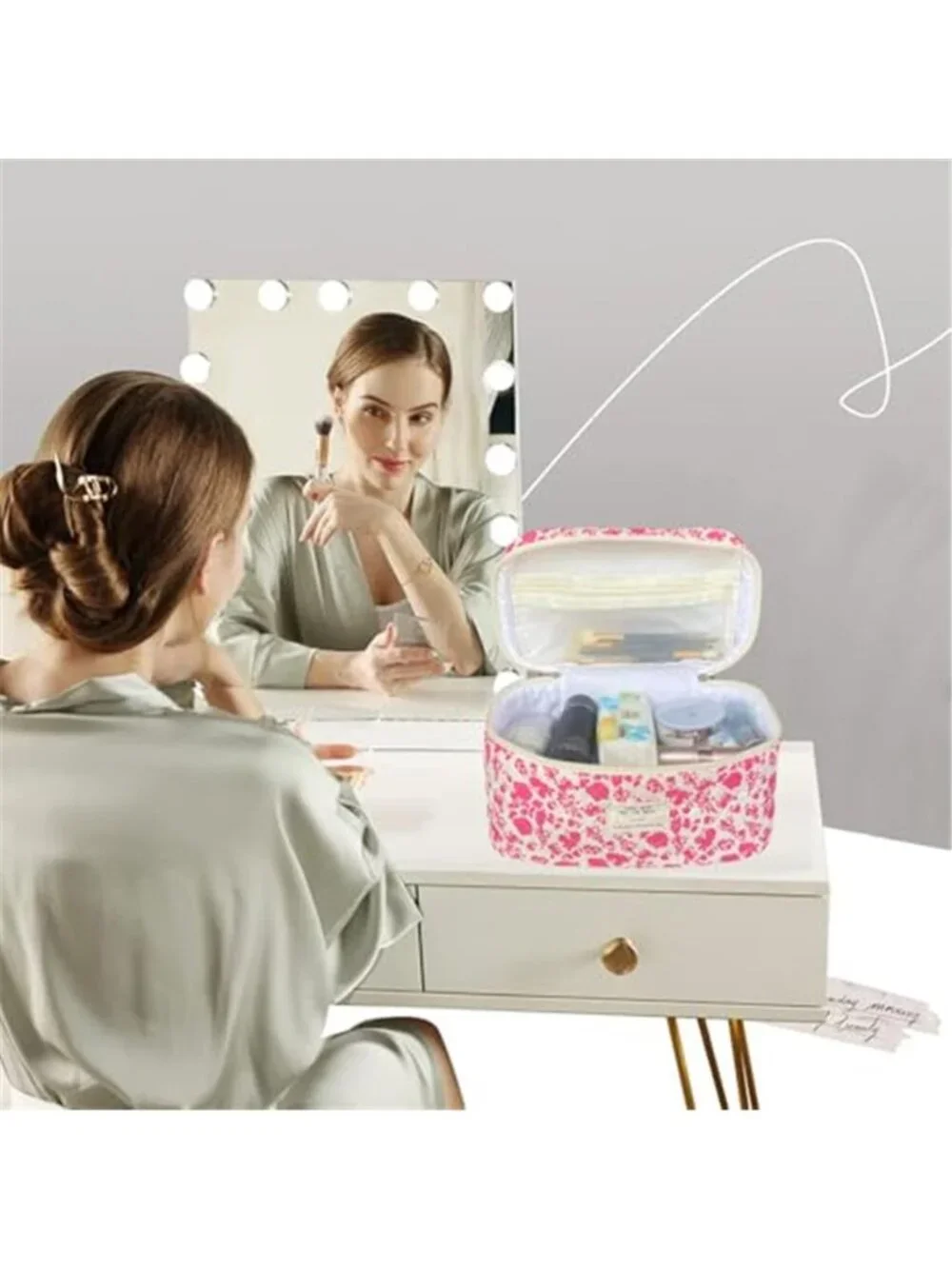 Quilted Floral Makeup Bag Cotton Cosmetic Toiletry Travel Organizer Pouch Large